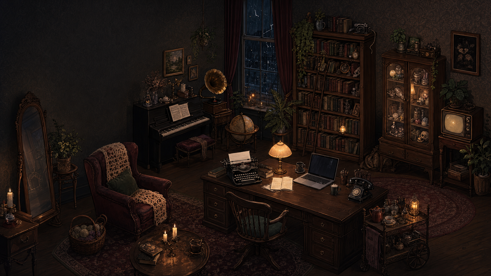 An illustrated dark-academia study with a bookcase, writing desk, piano, and cabinet of curiosities.
